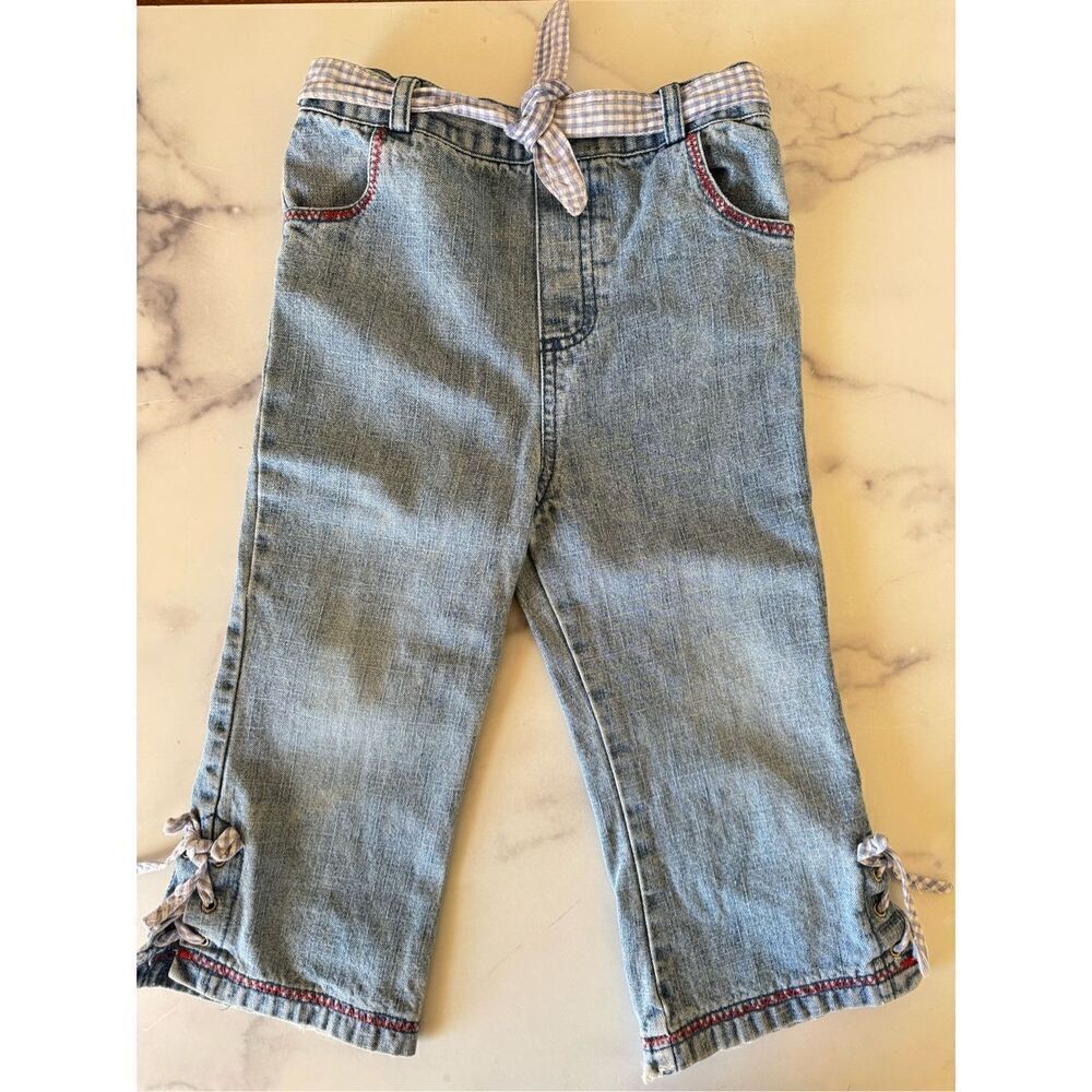 Girls toddler 2T flared light blue jean denim cross cross plaid belt y2k 100% co